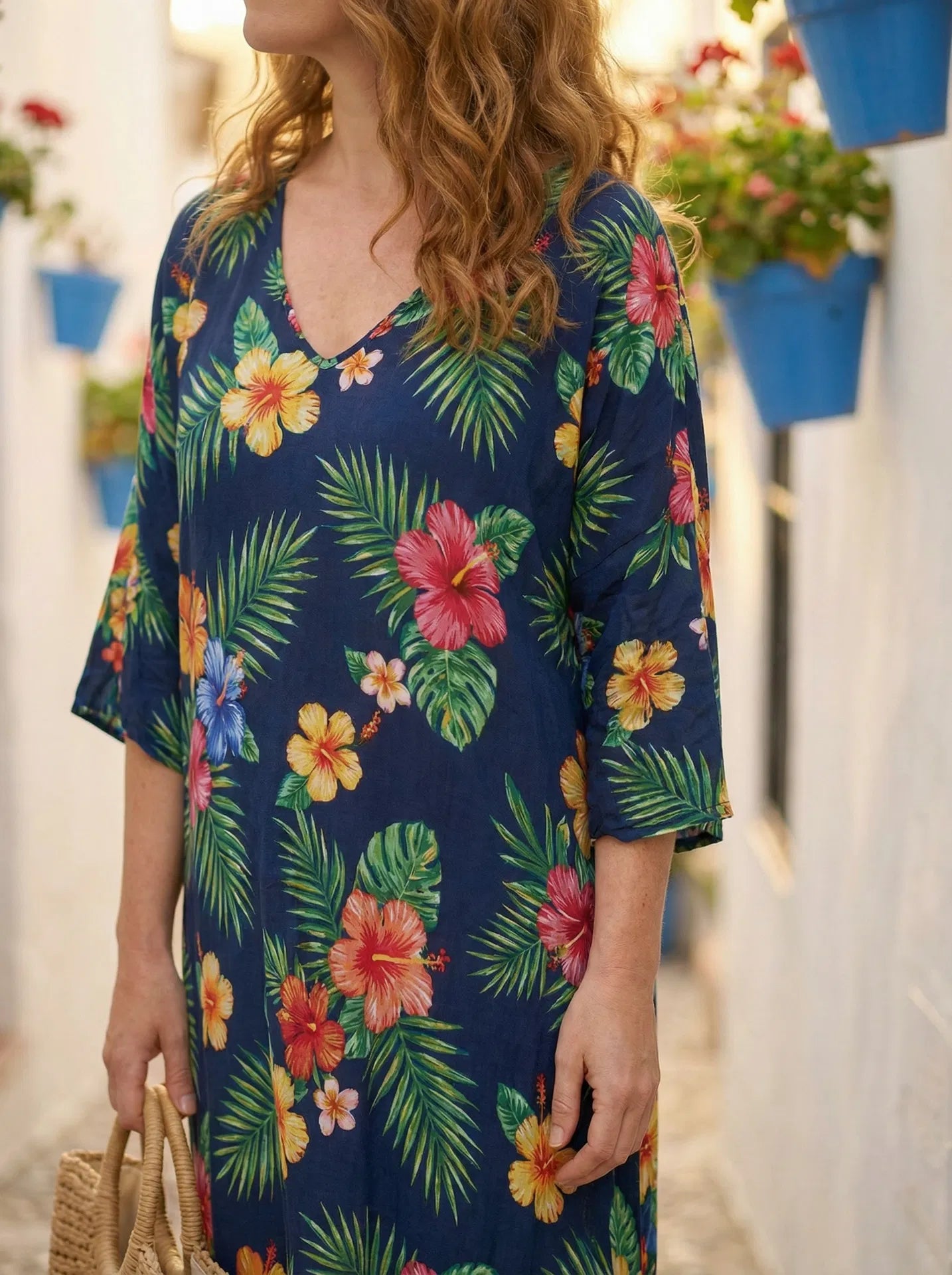 Vestido Artesanal Tropical Azul Marino - Foto 8