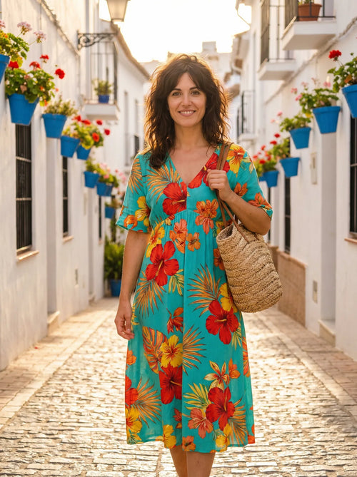 Vestido Artesanal Tropical Turquesa - Foto 1